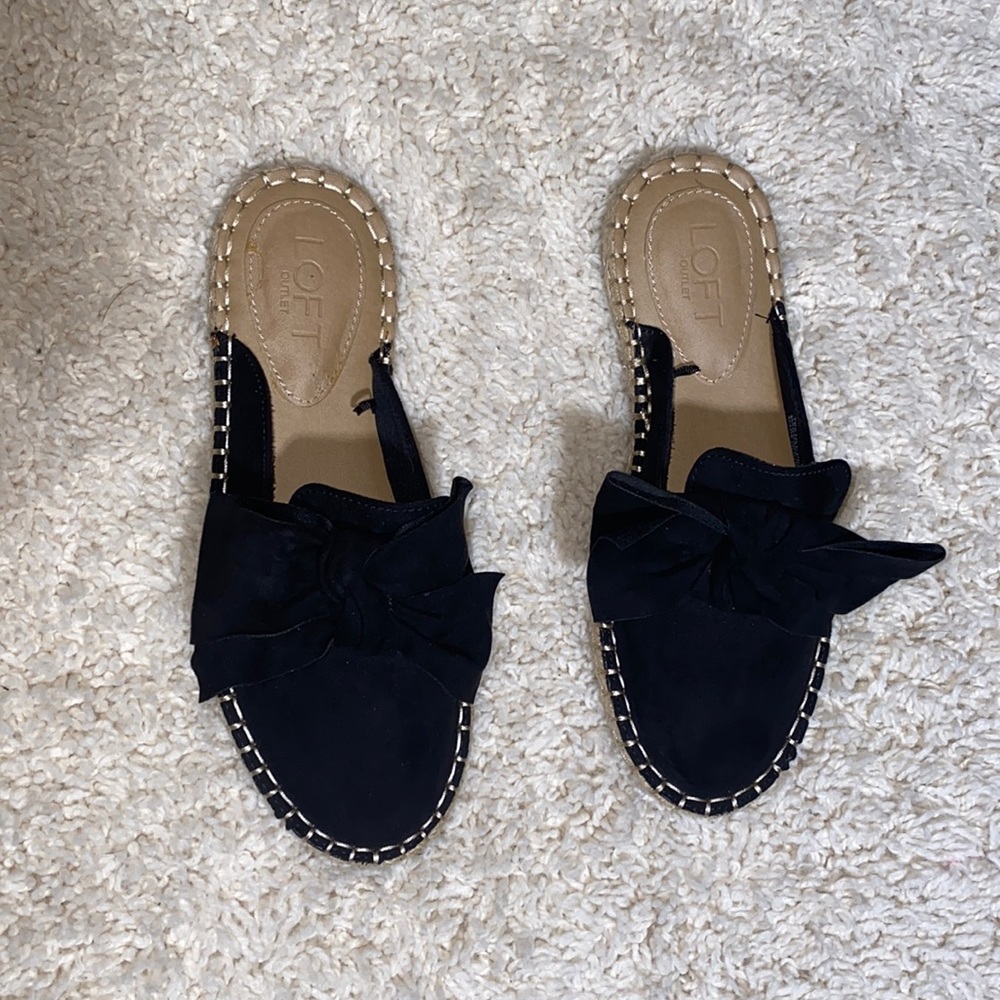 LOFT black suede like material flat espadrilles with bow size 6 never wo…